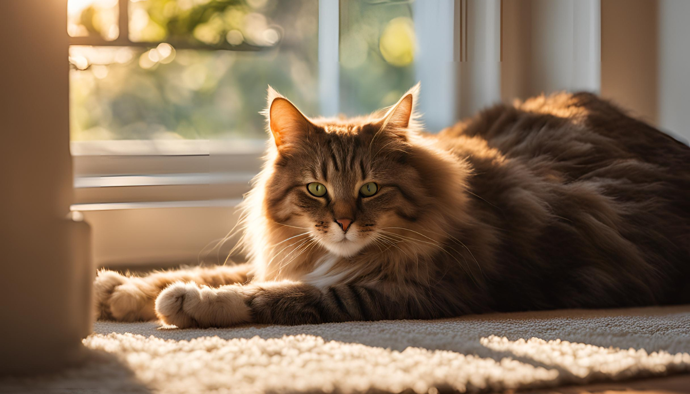 A cat relaxing peacefully after enjoying catnip, stretched out on a fluffy rug in front of a sunny window