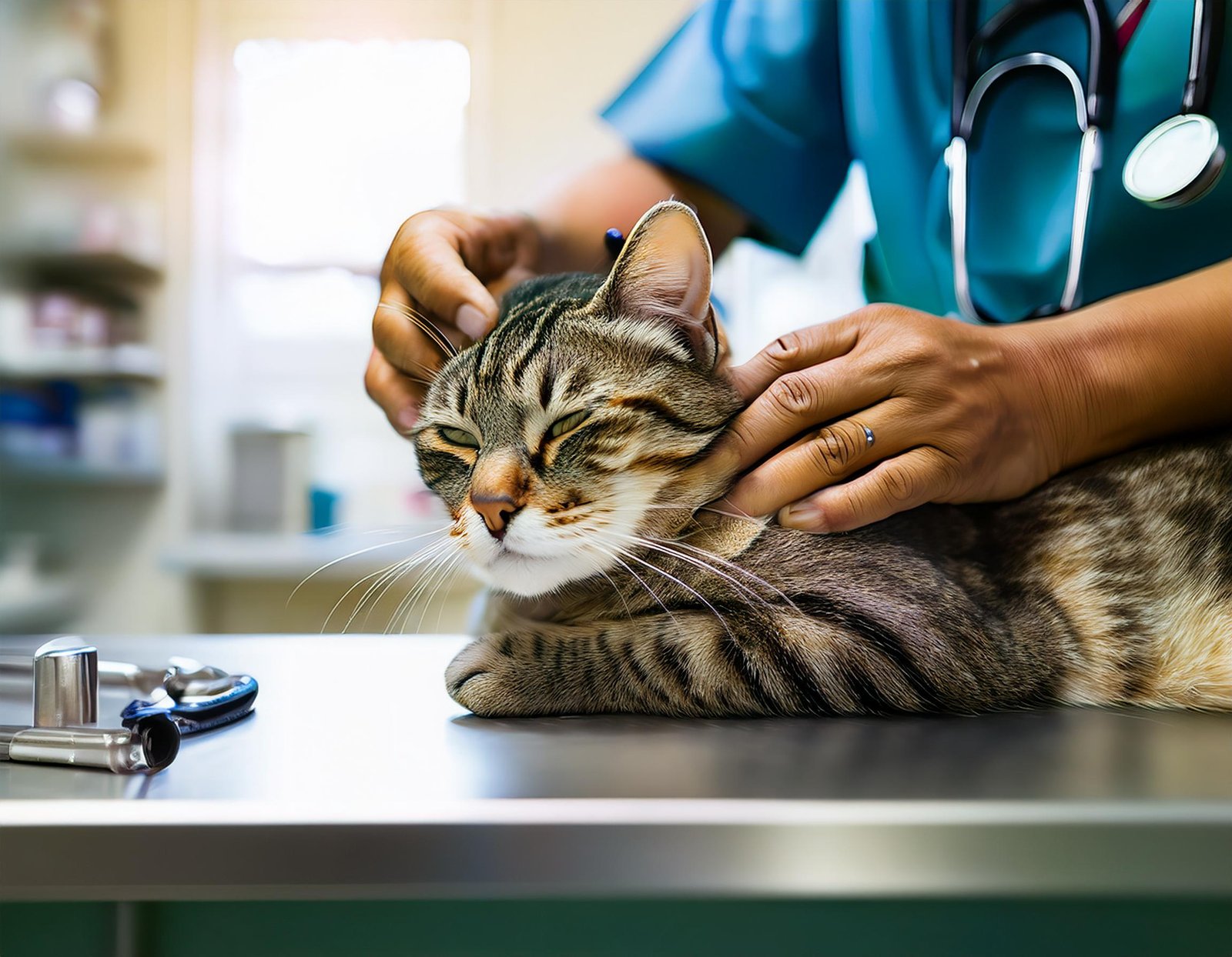 Cat on an exam table being examined by a vet, a step in diagnosing a UTI.