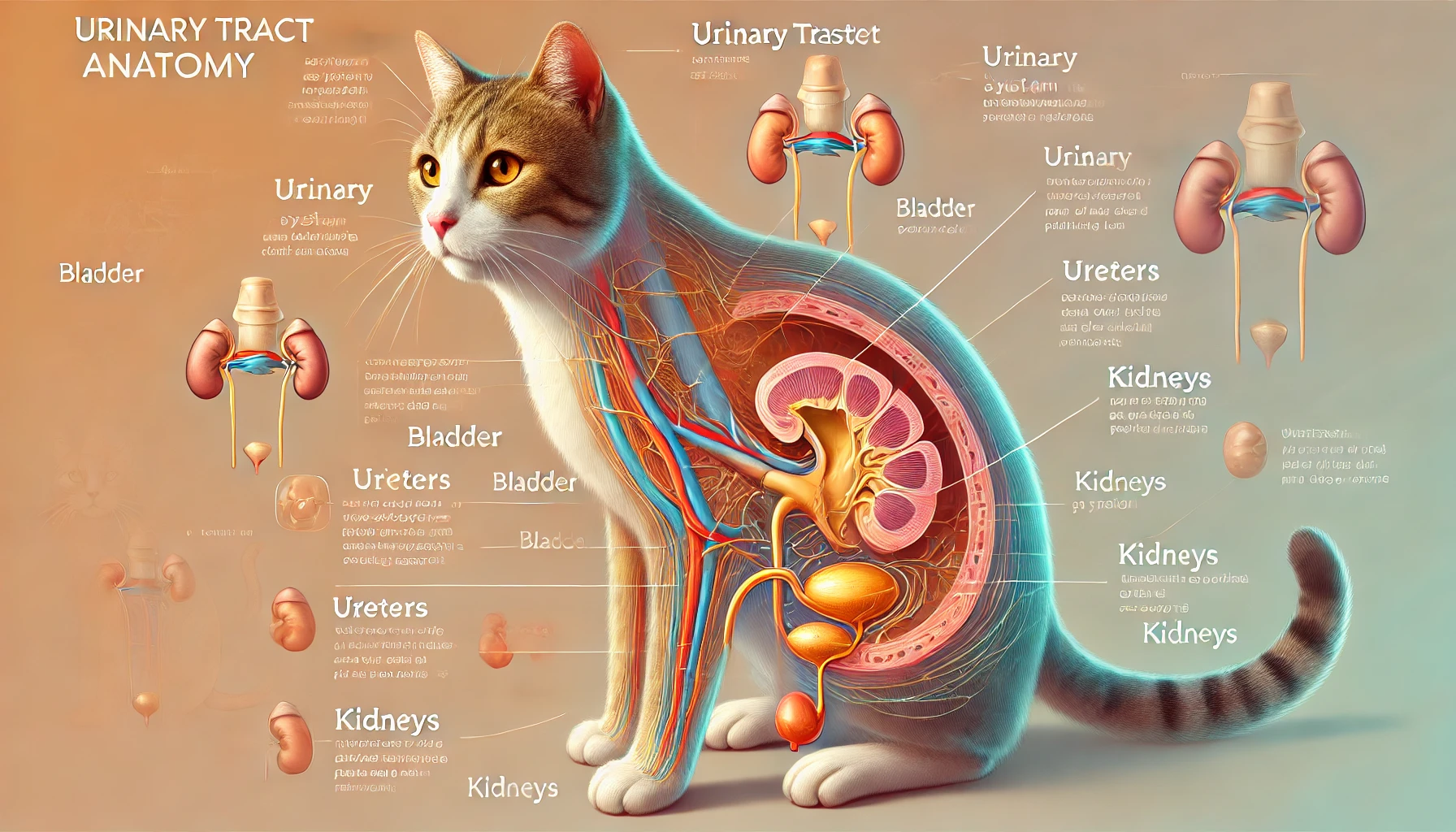 Diagram of a cat’s urinary tract showing bladder, urethra, and kidneys, helping explain UTI basics.