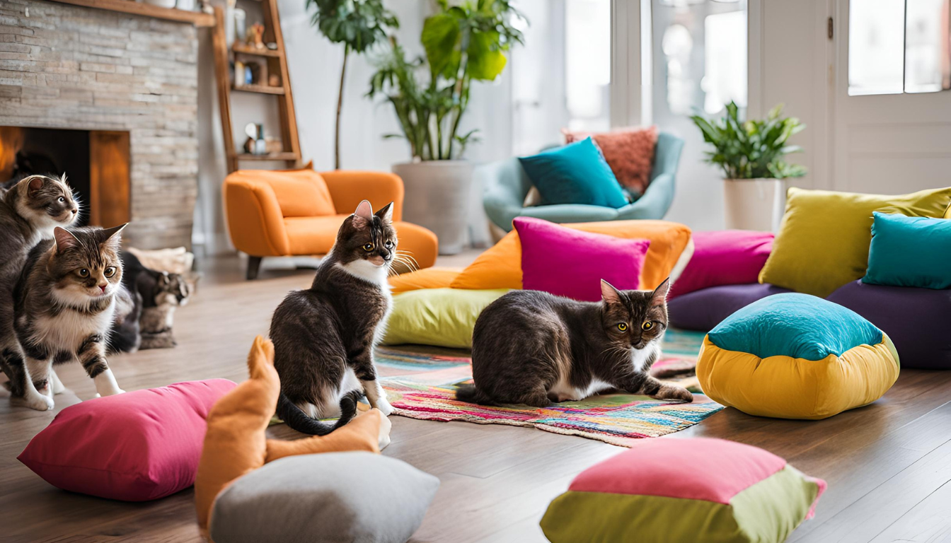 A group of cats excitedly interacting with catnip-infused toys in a playful indoor environment, filled with colorful cushions and furniture