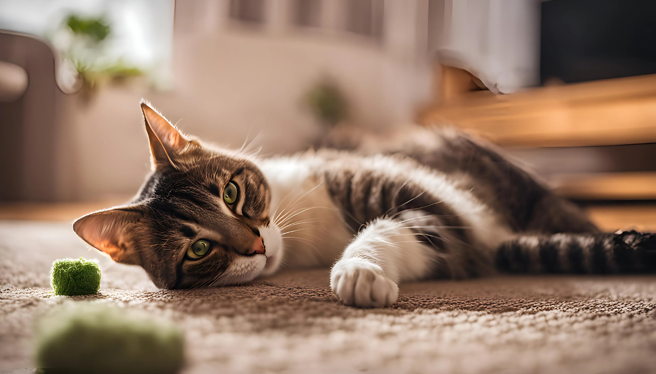 A happy cat playing with a catnip-filled toy in a cozy living room, with soft lighting and a warm atmosphere