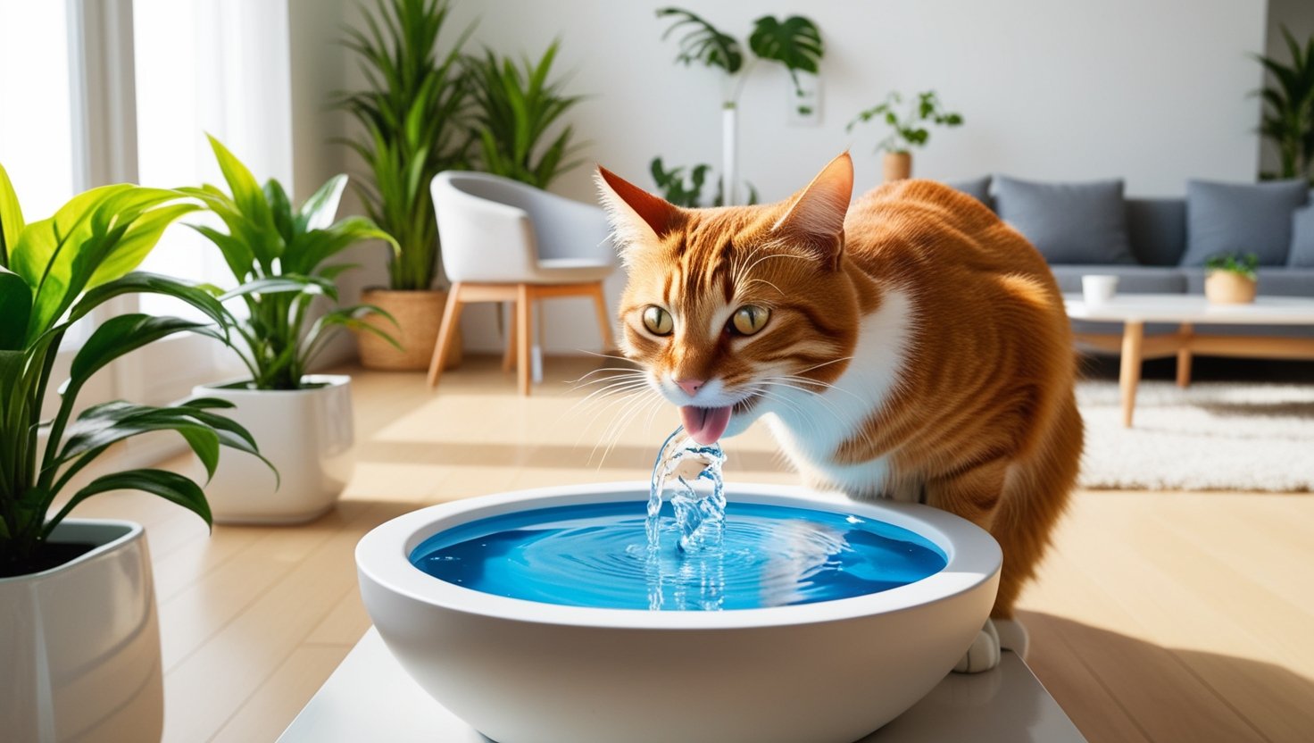 Healthy cat drinking from a water fountain, a preventive measure against UTIs