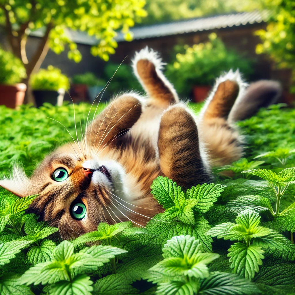 A playful cat rolling around joyfully in fresh catnip leaves in a lush green garden, surrounded by vibrant catnip plants, with its paws in the air, displaying clear excitement and happiness.