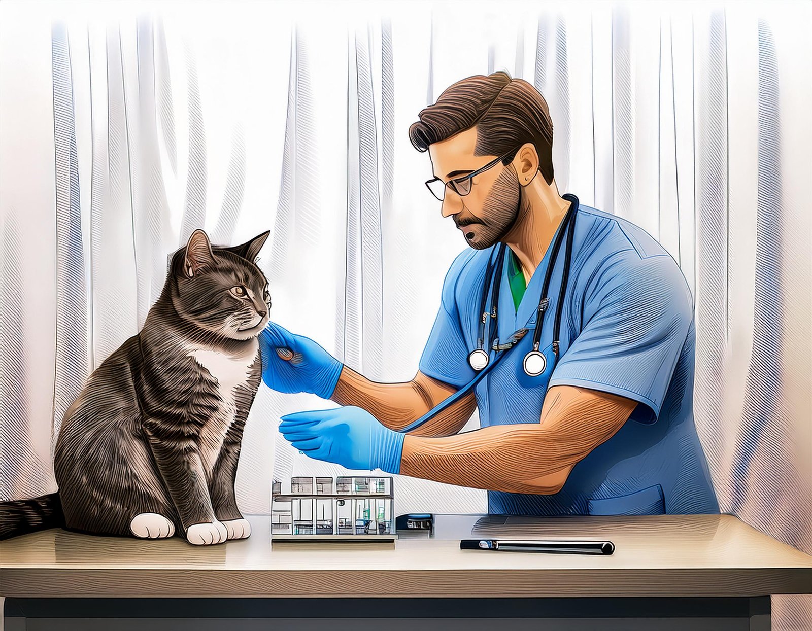Veterinarian examining a cat to diagnose a UTI, with lab equipment in the background.