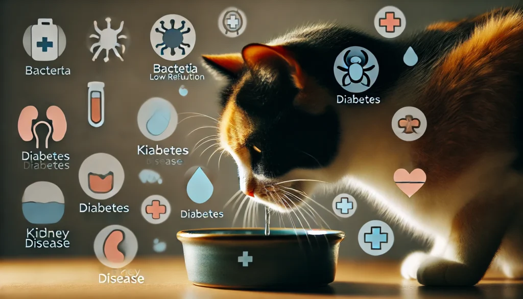 "Cat drinking water with icons showing common UTI causes such as bacteria and health conditions." 
