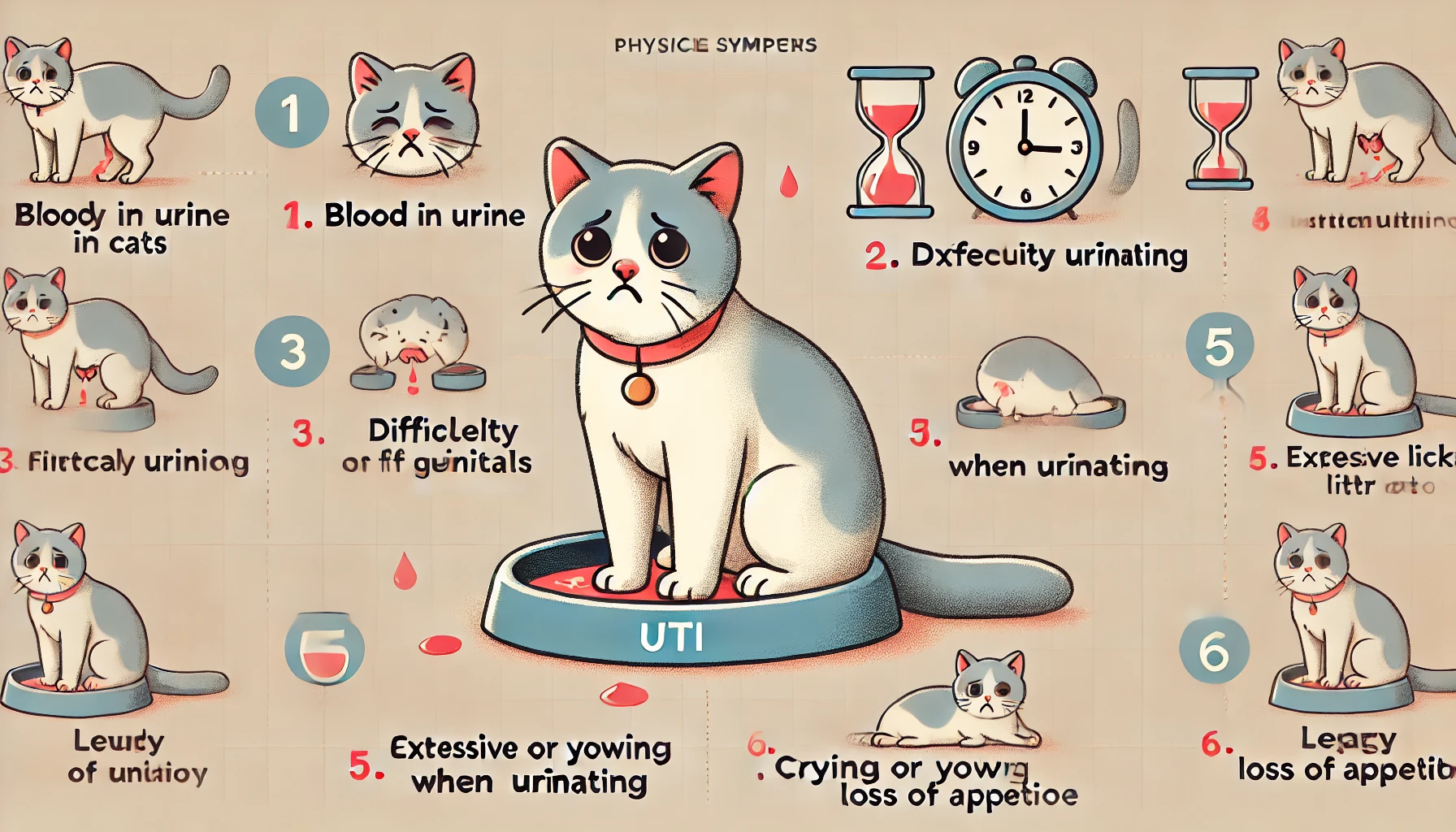 Illustration of a cat with UTI symptoms including blood in urine and difficulty urinating