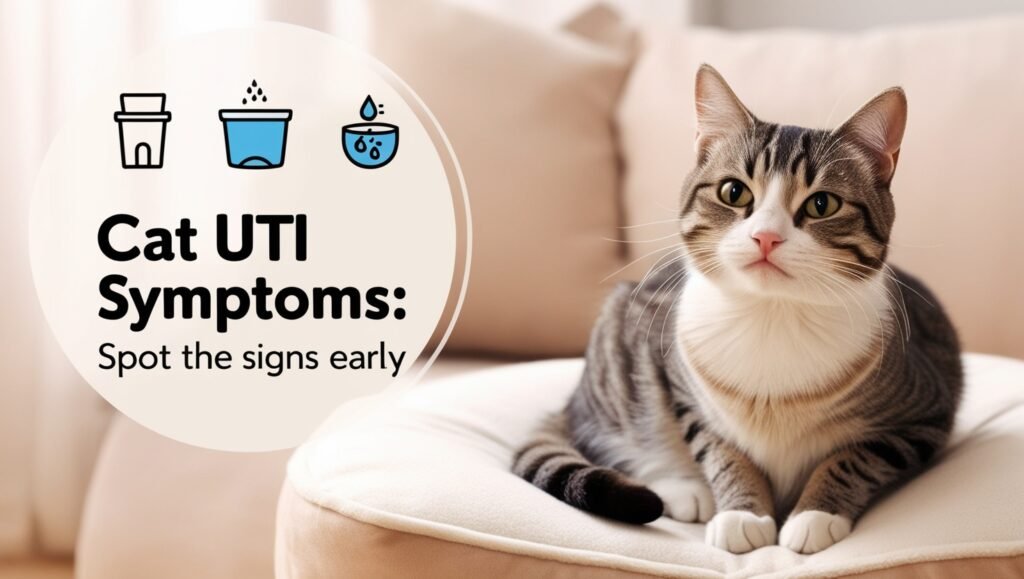 Cat with a gentle expression, with icons representing UTI symptoms, suited as a featured image for an article on spotting and preventing urinary issues in cats
