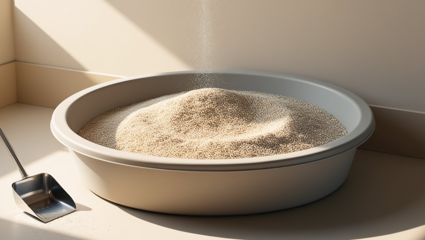 Clean litter box with fresh litter, important for preventing UTIs in cats