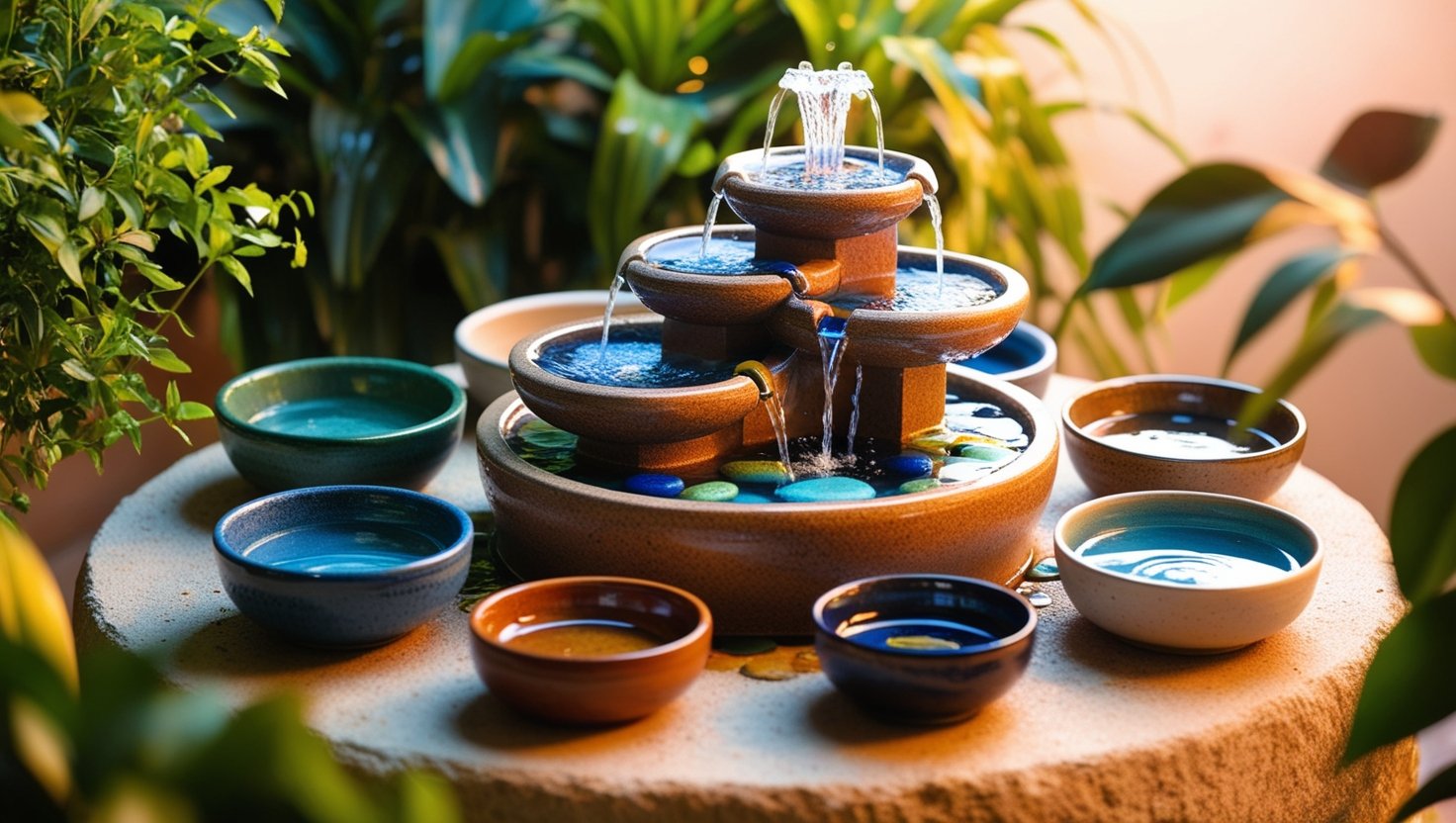 Cat water fountain and bowls, promoting hydration to prevent UTIs.