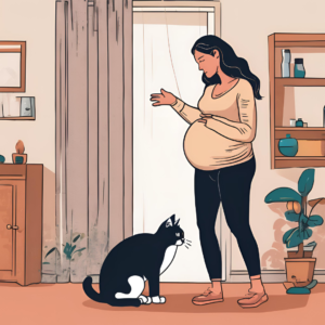 A symbolic image of a pregnant woman being cautious around a cat, or an illustration showing how toxoplasmosis might affect pregnant women or people with weak immune systems.