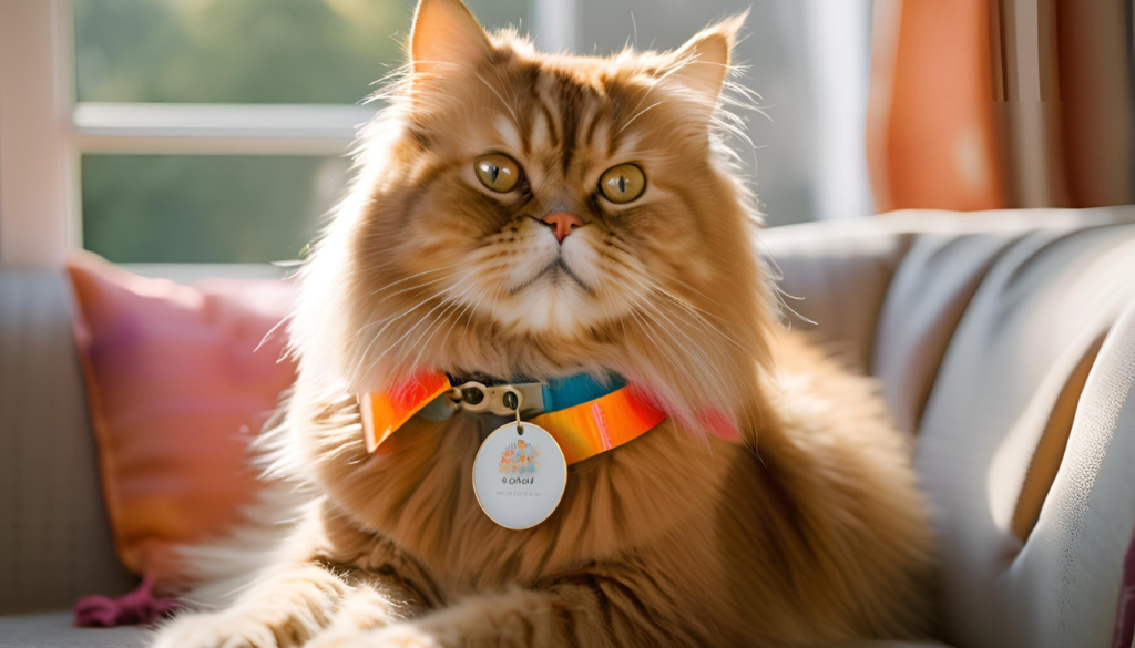 Cat wearing a vibrant, well-fitted collar with an ID tag, sitting comfortably indoors in a cozy home environment.