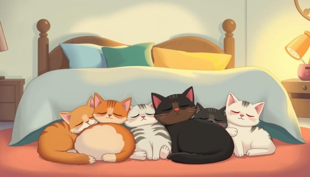 Group of cats relax together