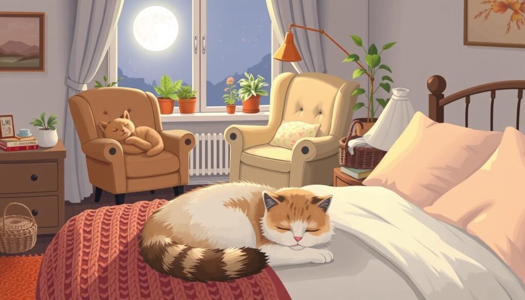 cat finds comfort in the bed