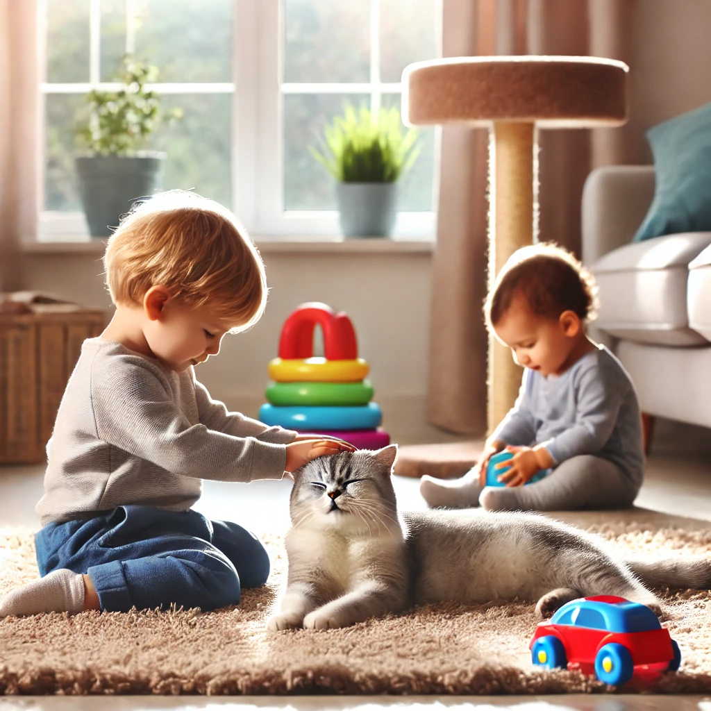 two babies play with the cat