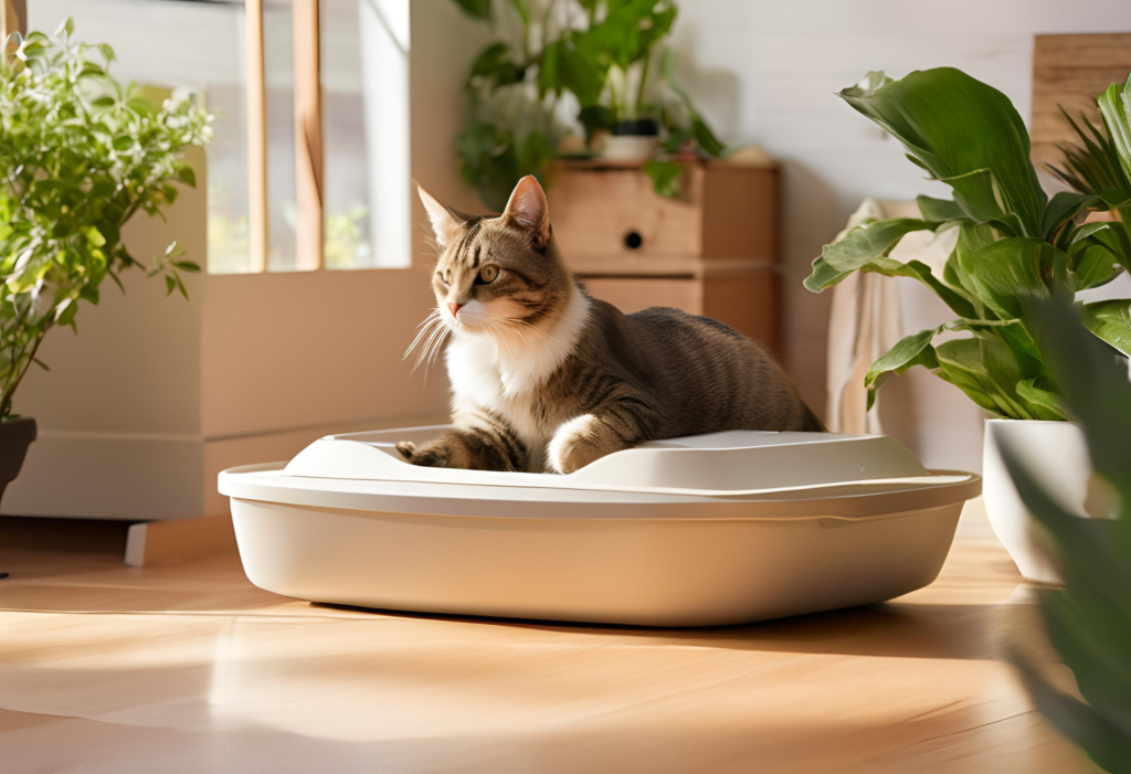 cat using litter box