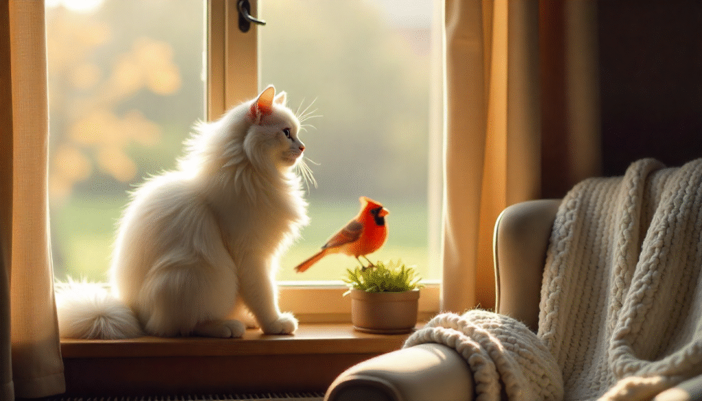  cat sitting on a window perch, watching birds at a feeder outside