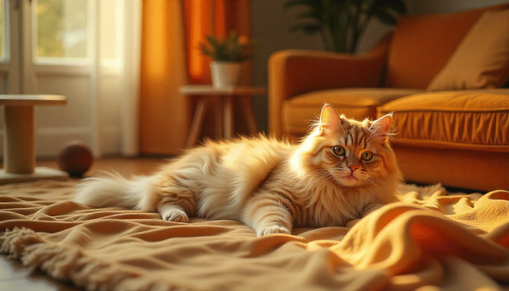 A happy indoor cat lounging on a soft blanket surrounded by toys and a scratching post