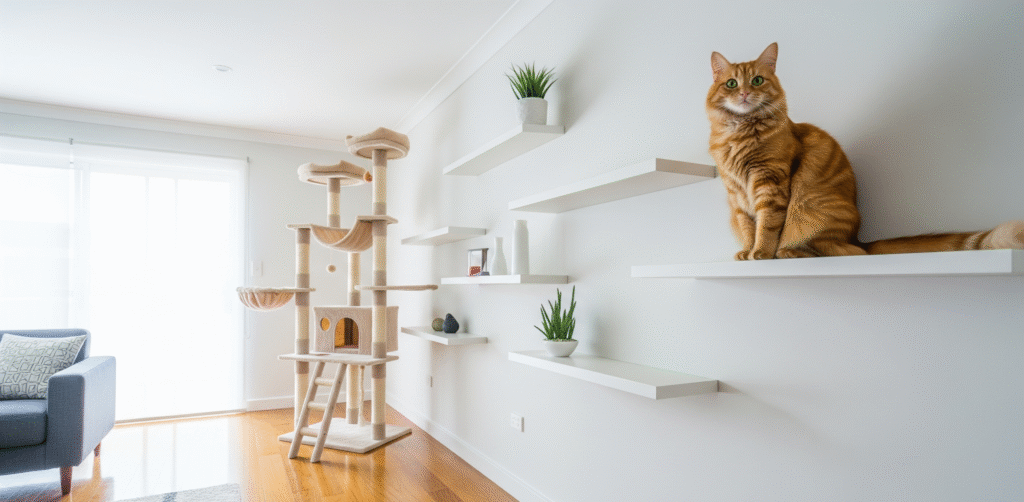tall cat tree and wall-mounted shelves, a fluffy orange tabby cat