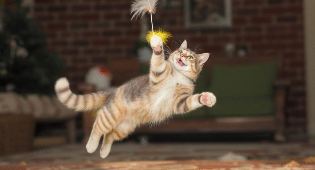 A playful tabby cat jumping to catch a feather toy on a string