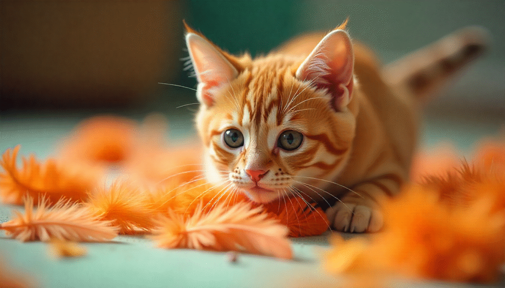 A basket filled with assorted cat toys (mice, balls, feathers), with a cat digging through excitedly