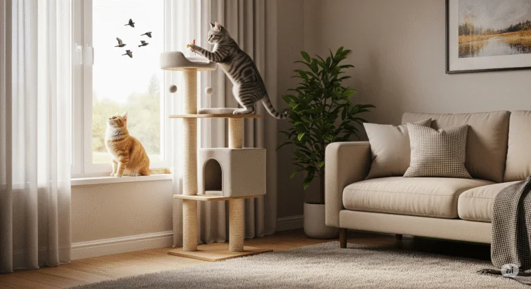 two happy indoor cats playing together